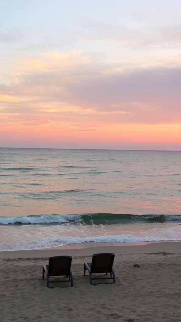 A tranquil beach scene at sunset with chairs and gentle waves.